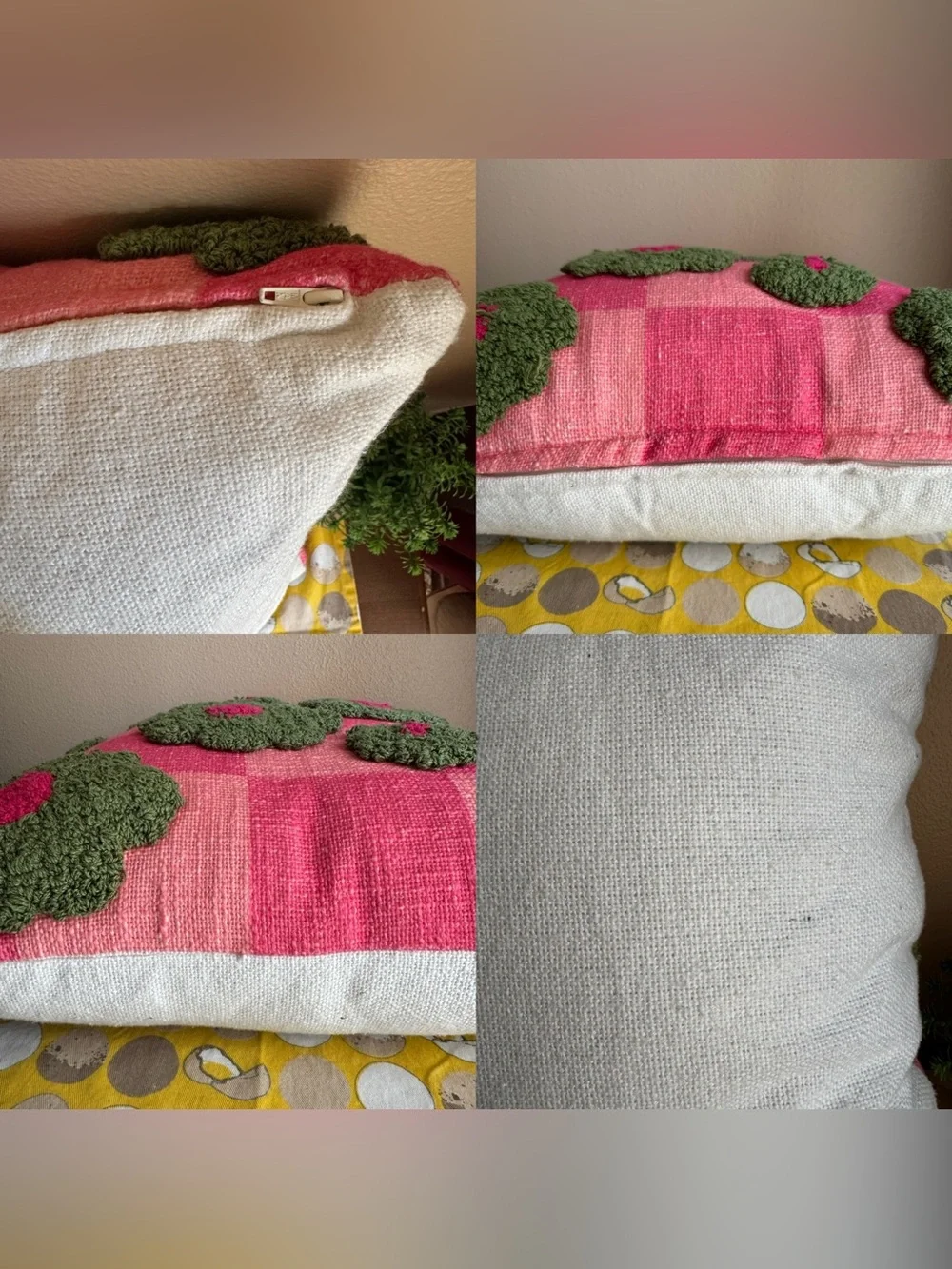 Tuft checkerboard green and pink floral pillow